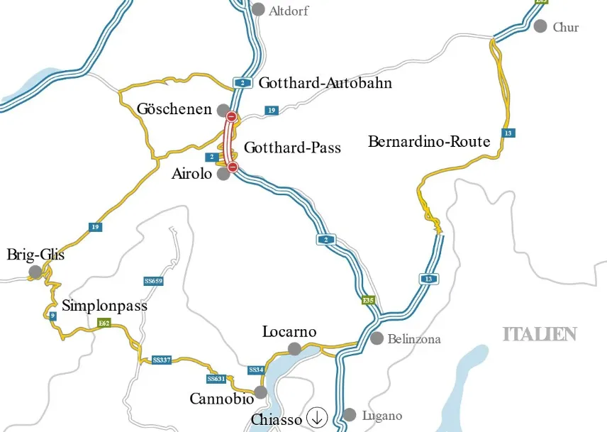 During the night closures, motorists will have to take wide-ranging detours via the Gotthard Pass or the A13 Chur - Bellinzona San Bernardino route.